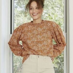 Universal Thread Blouse Women S Rust Floral Boho Cottagecore Puff Sleeve Prairie